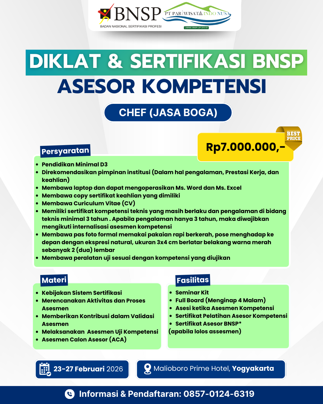 DIKLAT DAN SERTIFIKASI ASESOR KOMPETENSI BNSP JASA BOGA